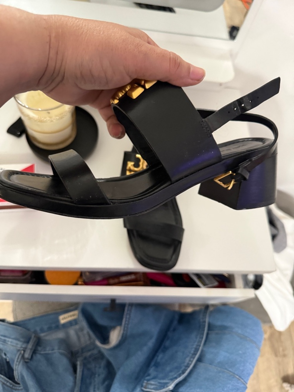 Tory Burch Black Leather Gold-Logo Flat Sandals - Picture 3 of 5